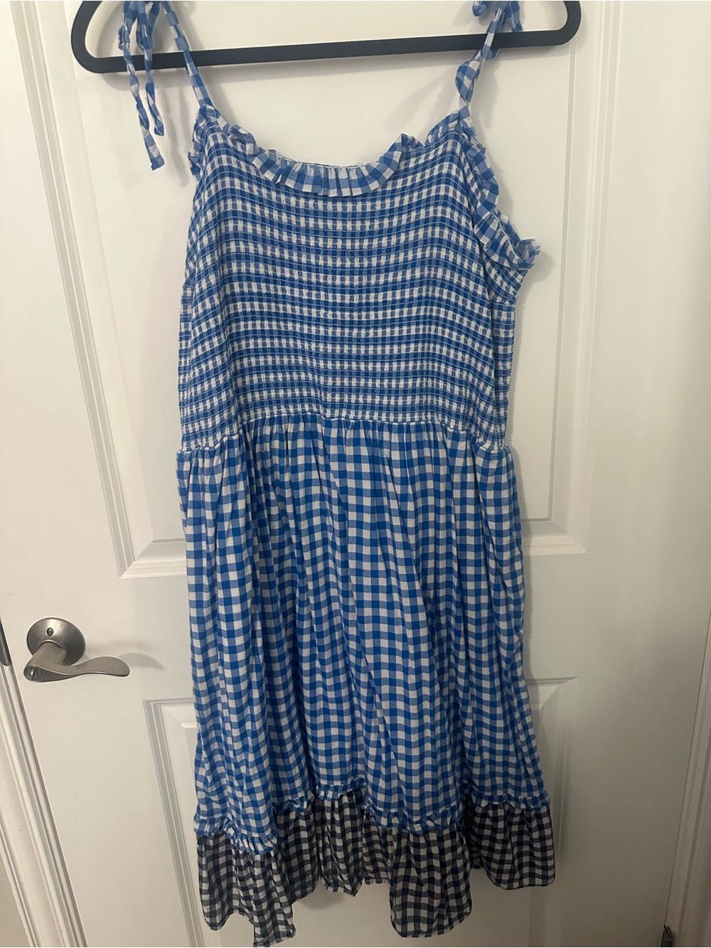 Draper James Blue and White Gingham Tie-Strap Sundress with Black Ruffle